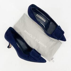 Manolo Blahnik Maysale Navy Blue Suede Buckle Pointed Toe Kitten Heels IT 36